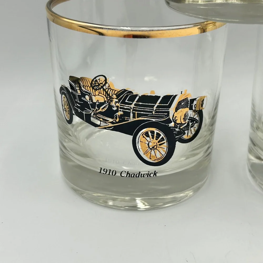 Whiskey Glasses Gold Clear Vintage Classic Cars Set 6 Good